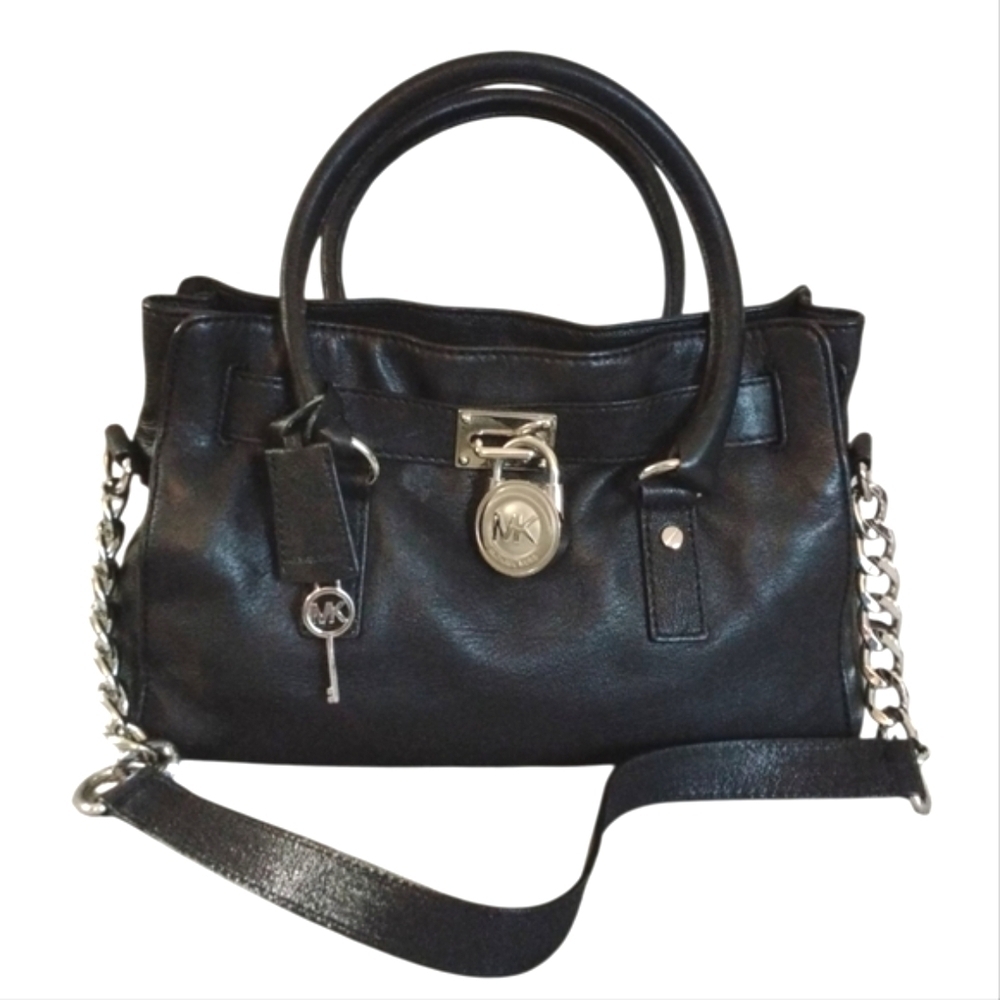 Michale Kors Jet Set Black Leather Handbag Silver Chain Shoulder Bag